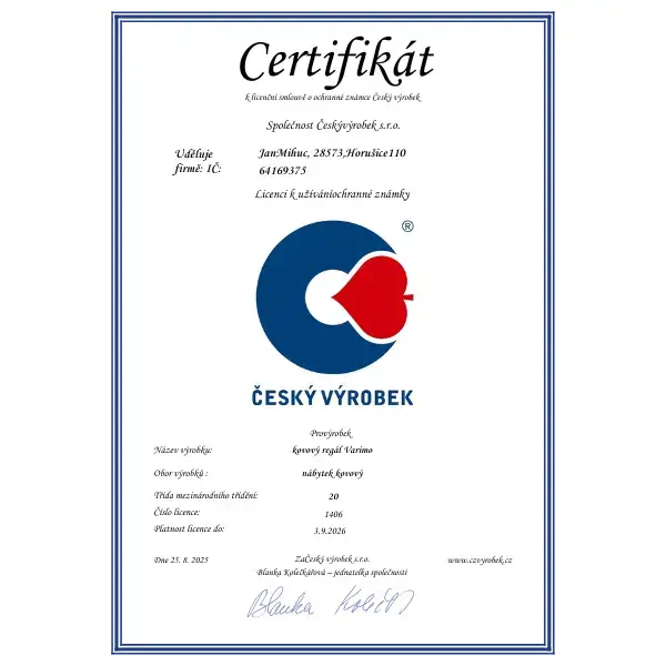 Certifikát ocenění Český výrobek roku 2025 pro kovové policové regály VARIMO