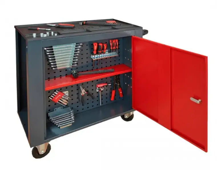 Kovový dílenský vozík na nářadí - pojízdný se zásuvkami a skříňkou