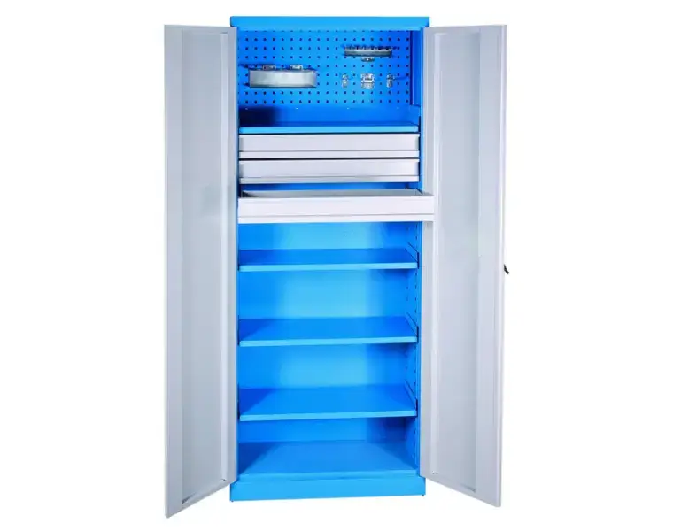 Kovová dílenská skříň se zásuvkami a perforovanou zadní stěnou