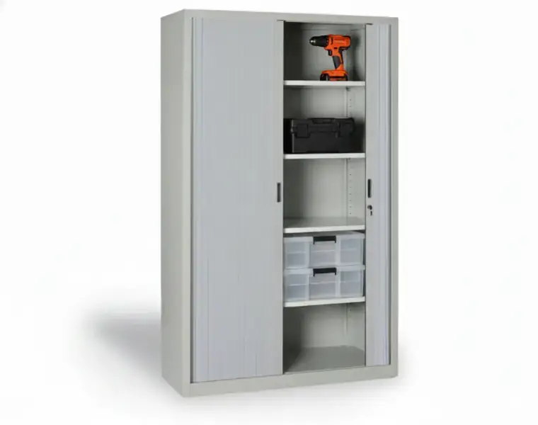 Kovová dílenská skříň policová s roletovými / žaluziovými dveřmi