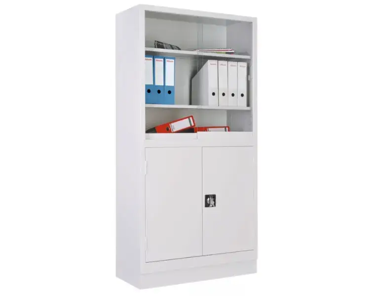 Kovové kancelářské skříně na šanony a dokumenty - kombinovaná s policemi a uzamykatelnou skříňkou (bílá)