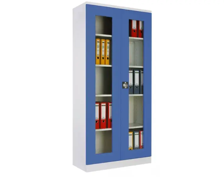 Kovové kancelářské skříně na dokumenty a šanony s prosklenými dveřmi a rozvorovým zámkem (modrá)