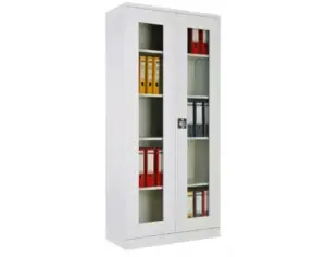 Kovové kancelářské skříně na dokumenty a šanony s prosklenými dveřmi a rozvorovým zámkem (bílá)