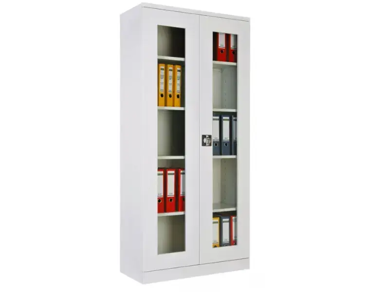 Kovové kancelářské skříně na dokumenty a šanony s prosklenými dveřmi a rozvorovým zámkem (bílá)